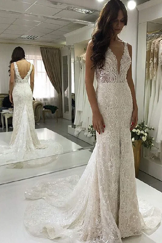 Handmade dresses for unique fashion statementsRoycebridal Gorgeous Mermaid V-neck Lace Long Wedding Dresses,Sparkly Slit Wedding Dresses with Train,MW476