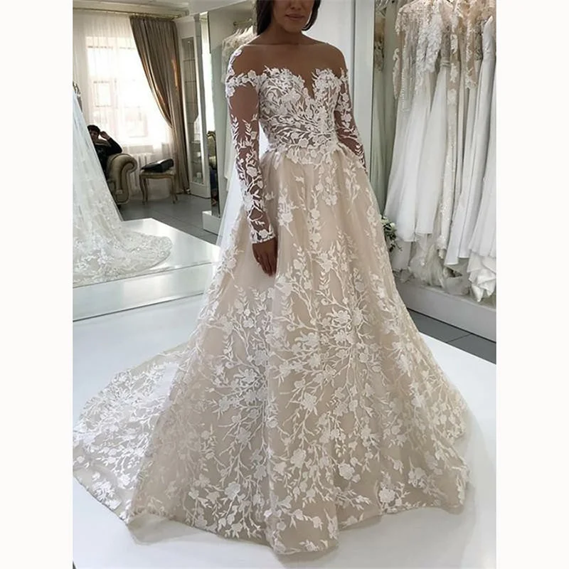 Spaghetti strap dresses for womenChampagne /Ivory Lace Vintage Wedding Gown Long Sleeve Bridal Dresses 2020 abiti da sposa