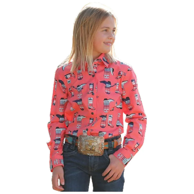 Bodycon women's topsCTW3370023 Cruel Girl Girls' Long Sleeve Western Snap Shirt - Coral Boot Print