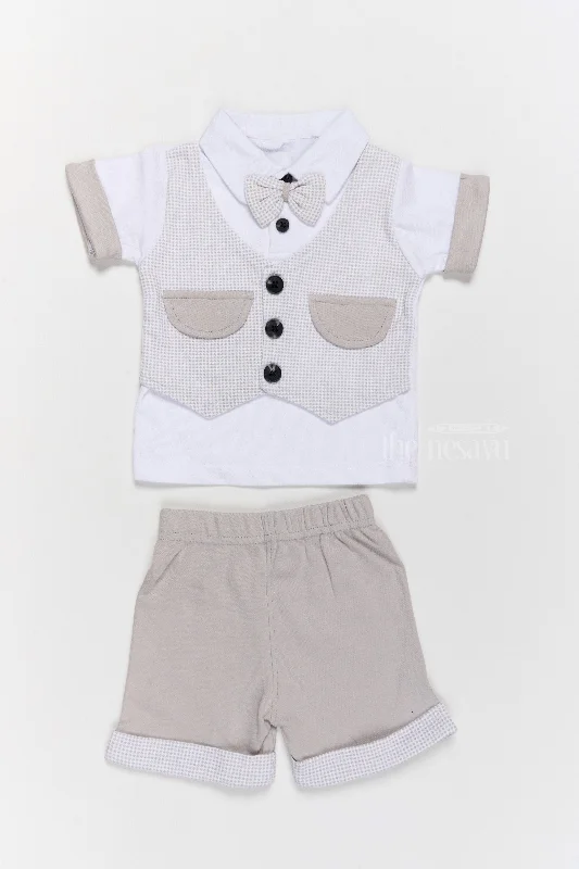 Cotton dresses for everyday wearNewborn Winter Wear Cotton Two-Piece Grey Outfit with Bowtie and Shorts