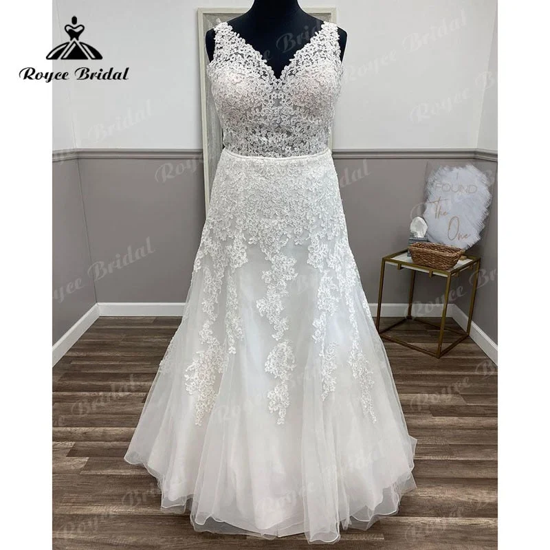 Elegant women's dressesRoycebridal Plus Size V Neck Lace Appliques Backless Sweep Train Mermaid/Trumpet Wedding Dress vestido de boda corte sirena Elegant 2025