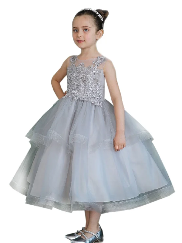 Patterned dresses for womenBig Girls Silver Illusion Neckline Lace Organza Junior Bridesmaid Dress 8-16