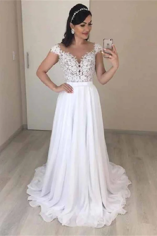 Backless dresses for womenRoycebridal Lace A-line V-neck Cap Sleeves Wedding Dresses, Chiffon Wedding Gown, MW720