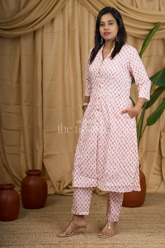 Backless dresses for womenPurple Cotton Flared Kurta Co-Ord Set for Women with Floral Print