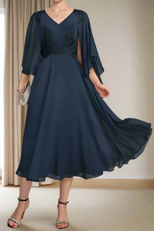 Maxi dresses for womenV Neck Tea Length Chiffon Appliques A-Line Mother of the Bride Dress