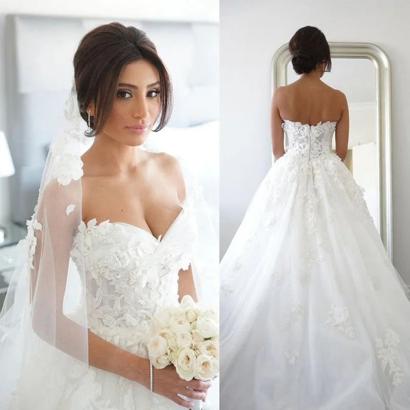 Synthetic dresses for budget-friendly optionsSweet Heart A-Line Charming Wedding Dress, Tulle Applique Backless Wedding Dress,  LB0784