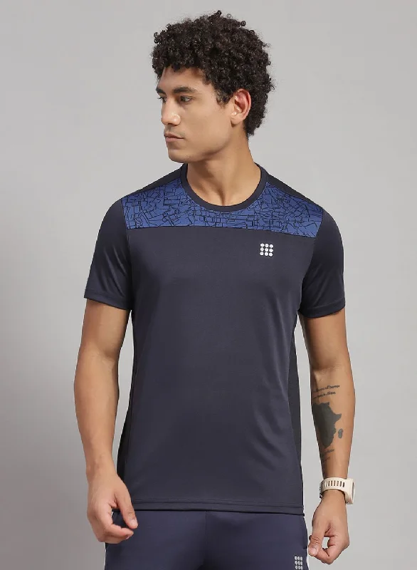 short-sleeved men's shirts with buttons down the frontMen NAvy Blue Solid T-Shirt