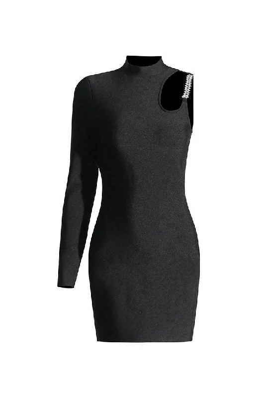 Cap sleeve dresses for womenAsymmetrical High Neck Rhinestone Cutout Long Sleeve Knit Party Mini Dress