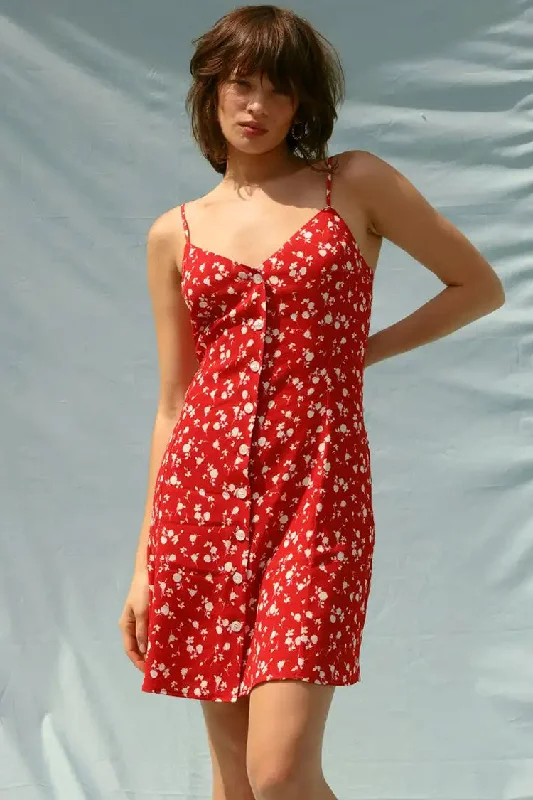Transitional dresses for in-between seasonsVibrant Ditsy Floral V Neck Button Up Slip Mini Sundress - Red