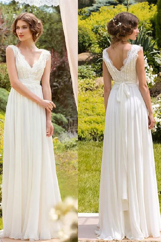 Plus-size dresses for womenRoycebridal Ivory Chiffon Lace V-neck Floor-length Wedding Dress, Cheap Bridal Gown, MW659