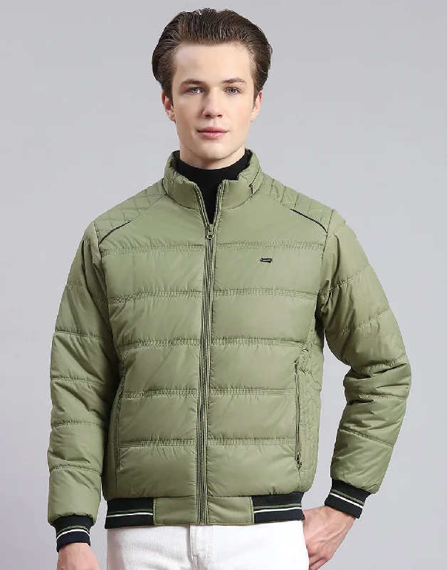 men's leather-trimmed Chesterfield coatsMen Green Solid Stand Collar Full Sleeve Jacket