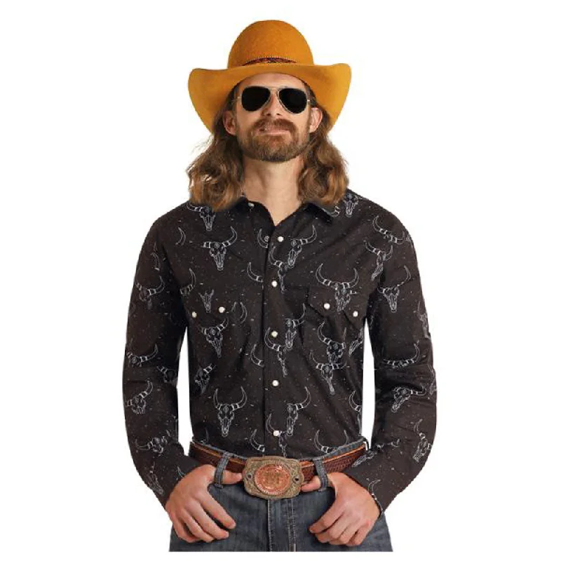 High-street women's topsBMN2S05838 Dale Brisby Long Sleeve Longhorn Print Snap Shirt - Black