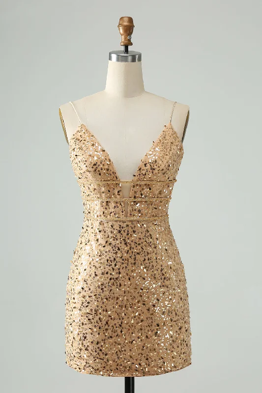 Little white dresses (LWDs) for womenGlitter Golden Bodycon Spaghetti Straps Corset Short Homecoming Dress with Sequins
