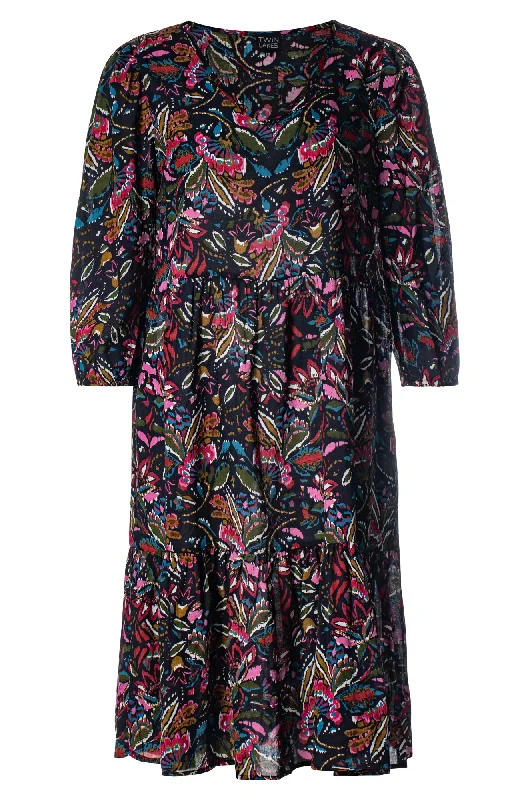 Corduroy dresses for womenV neck Cotton Rayon Dress | Navy Olive Floral | 6543ZZ