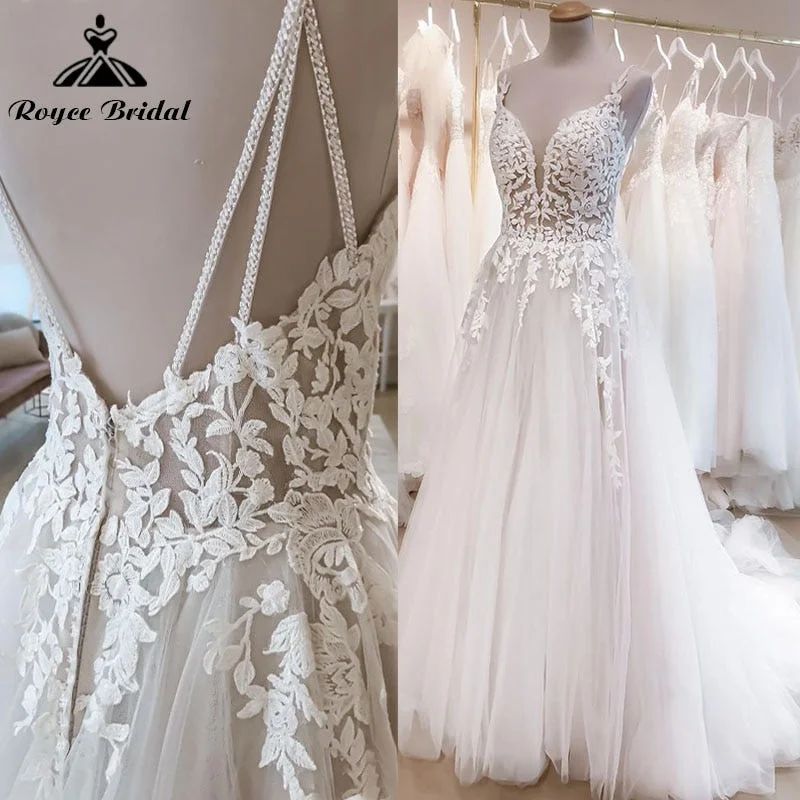 Maxi dresses for womenRoycebridal Vintage Bohemian  A Line Wedding Dress Beach Lace Spaghetti Straps V Neck Backless Boho Bridal Wedding Gown Vestidos De Noiva