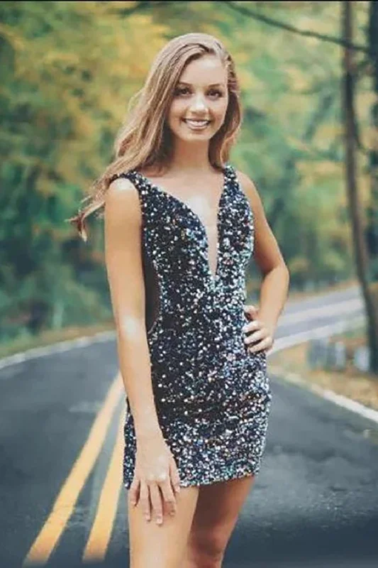 Velvet dresses for winterSparkly V Neck Bodycon Sequins Short Homecoming Dresses
