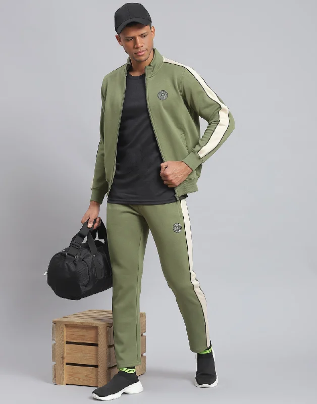 men's moisture-wicking shirtsMen Green Solid Stand Collar Full Sleeve Tracksuit