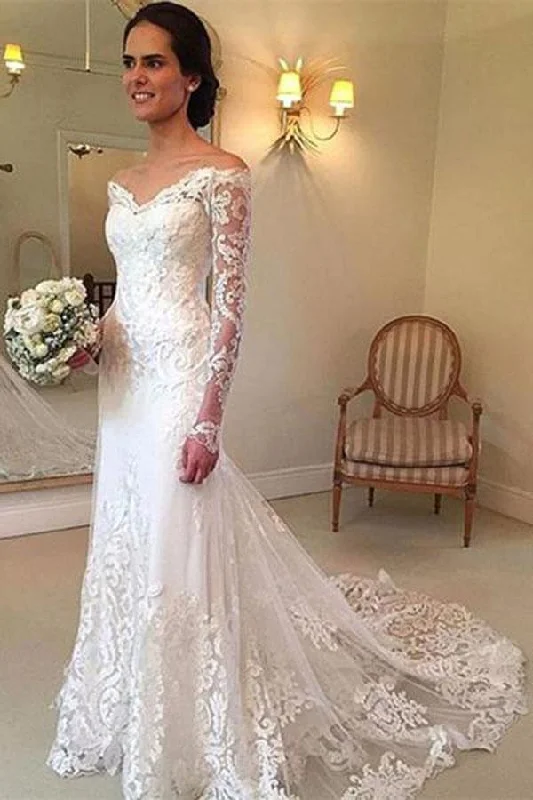 Floral dresses for womenRoycebridal White Long Sleeves Off Shoulder Lace Sweep Train Wedding Dresses, MW236