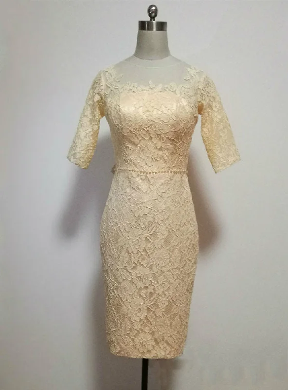 Mother-of-the-bride dressesLovely Champagne Lace Knee Length Mother of the Bride Dresses With Half Sleeves