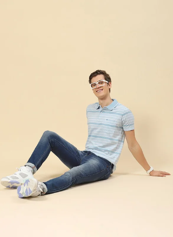 breathable short-sleeved men's topsMen Sky Blue Stripe T-Shirt
