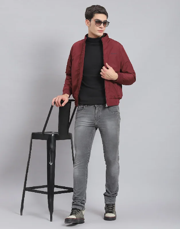 men's reversible bomber jacketsMen Maroon Solid Stand Collar Full Sleeve Jacket