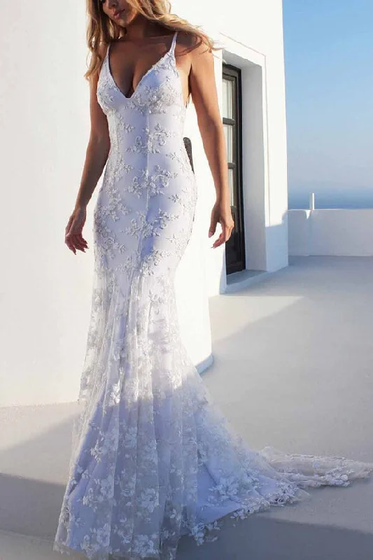 Beach dresses for casual outingsRoycebridal Lace Mermaid V-neck Spaghetti Straps Wedding Dresses, Bridal Gown, MW641