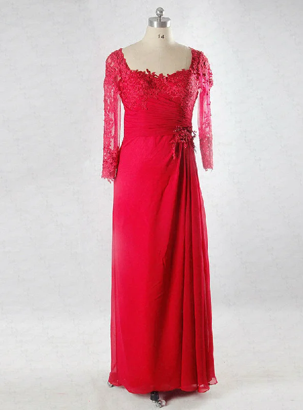 Party dresses for womenLong Chiffon Pleated Lace Sleeve Back Red Mother Of The Bride Dress