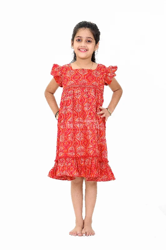 Peplum dresses for womenBabyhug Cotton Frock in Red with Intricate Patterns and Ruffled Hem