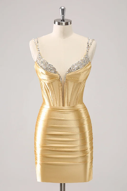 Denim dresses for womenGorgeous Golden Bodycon Corset Short Homecoming Dress with Sequins