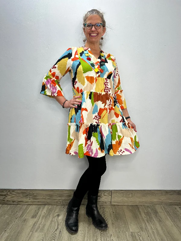 Cardigan-style women's topsSplash Print Tiered 3/4 Bubble Sleve V-Neck Dress