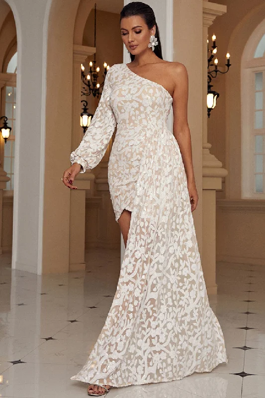 Cocktail dresses for womenSparkly One Shoulder Sequined Floral Draped Party Mini Dress - Apricot