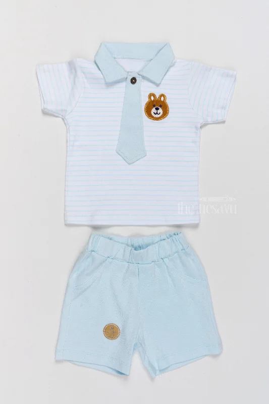 Little red dresses (LRDs) for womenNewborn Winter Wear Blue Cotton Shorts Set with Tie and Bear Applique