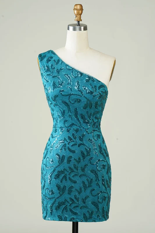 Festival dresses for music and arts eventsBlue One Shoulder Tight Homecoming Dress with Back Hollow-out