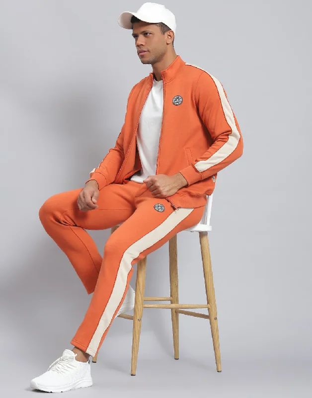 men's performance wear shirtsMen Rust Solid Stand Collar Full Sleeve Tracksuit