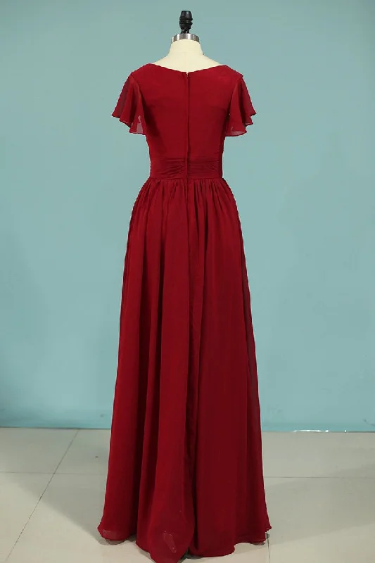 Low-cut dresses for womenRed Chiffon V-Neck Ruffled A-Line Long Bridesmaid Dress