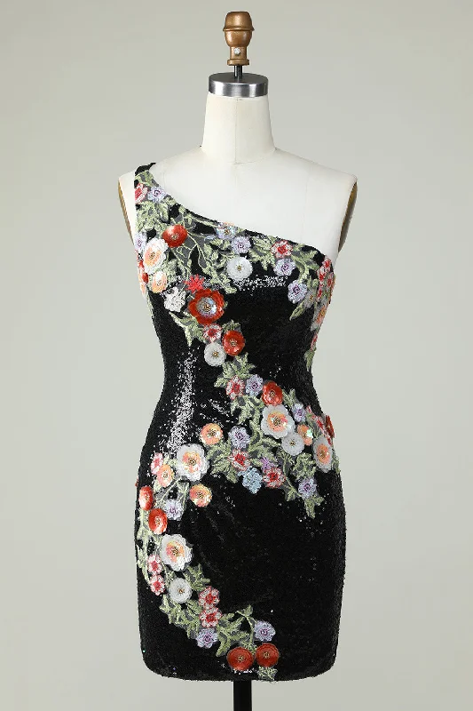 Workwear women's dressesBodycon One Shoulder Black Sequin Beading Homecoming Dress with 3d Flowers Workwear women's dressesBodycon One Shoulder Black Sequin Beading Homecoming Dress with 3d Flowers