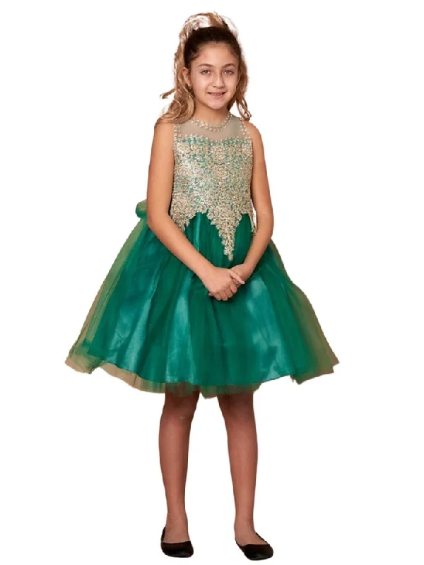 Embroidered dresses for womenGirls Emerald Green Embroidered Illusion Neckline Junior Bridesmaid Dress 8-18