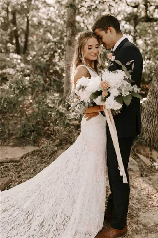 Mini dresses for womenRoycebridal Lace Sheath V-neck Backless Wedding Dresses With Train, Bridal Gowns, MW777