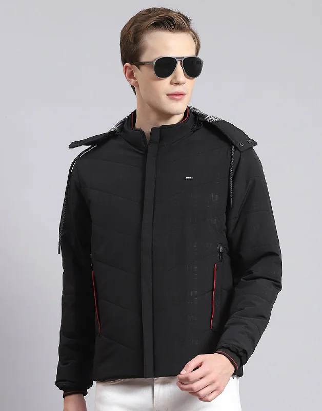 men's vintage leather jacketsMen Black Solid Hooded Full Sleeve Jacket