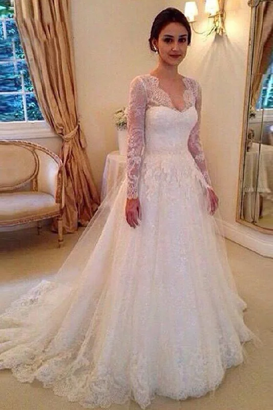 Shift dresses for womenRoycebridal Fabulous A-line V-neck Long Sleeves Court Train Wedding Dresses With Appliques, MW107