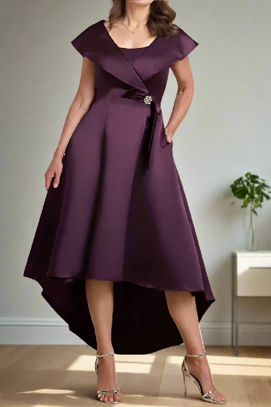 Solid color dresses for womenVintage Grape High Low Elastic Satin A-Line Mother of the Bride Dress