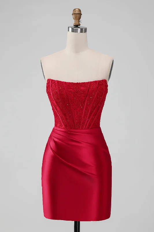 Short and sweet dresses for womenSparkly Red Bodycon Strapless Pleated Corset Short Homecoming Dress With Beading Short and sweet dresses for womenSparkly Red Bodycon Strapless Pleated Corset Short Homecoming Dress With Beading