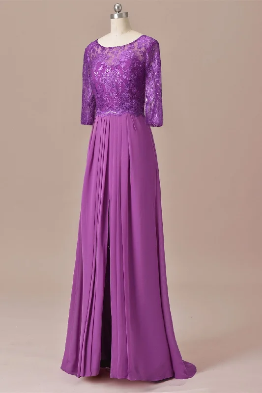 Sack dresses for womenPurple Lace Round Neck Keyhole Back Long Mother of the Bride Dress