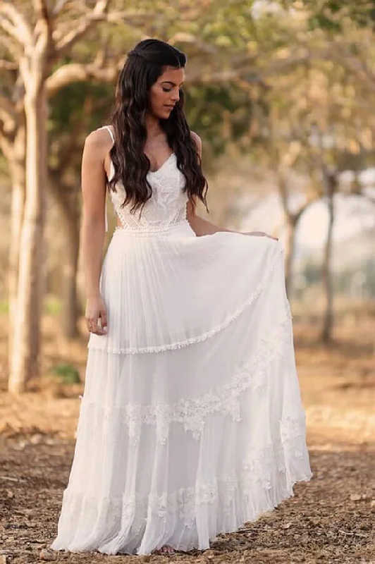 Patterned dresses for womenRoycebridal Ivory Chiffon A-line V-neck lace Beach Wedding Dresses, Bridal gown, MW679