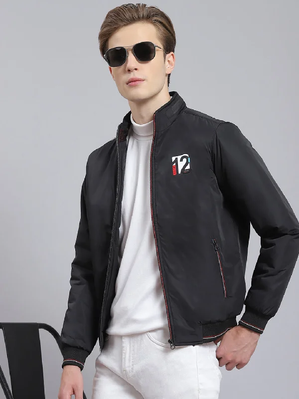 men's bomber jackets with fur collarMen Black Solid Stand Collar Full Sleeve Jacket