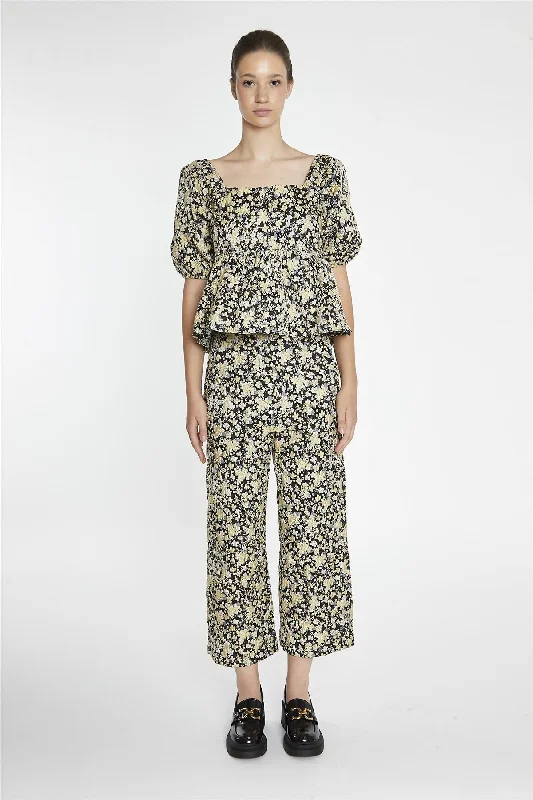 Designer women's topsBlack-Yellow Brocade Square-Neck Peplum-Top