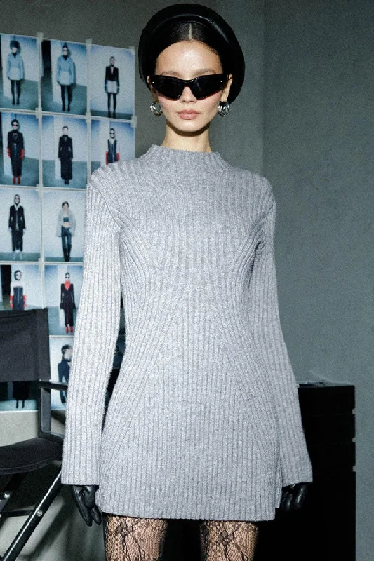 Bodycon dresses for womenFrench Style Mock Neck Long Sleeve Chunky Rib Knit Winter Sweater Mini Dress - Gray
