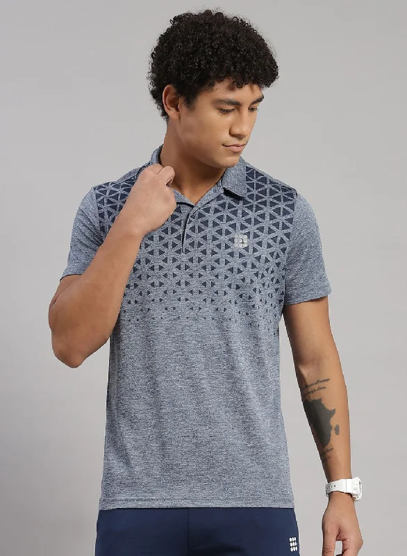 solid-color short-sleeved shirtsMen Blue Printed T-Shirt