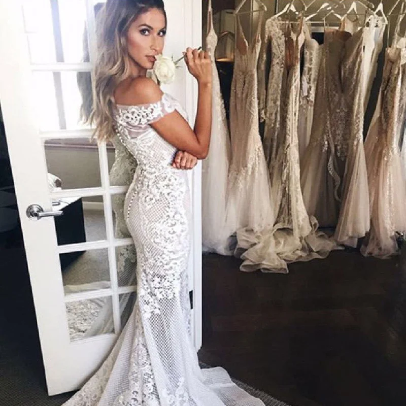 Loose-fitting dresses for womenLong Lace Off Shoulder Bridal Dress, SexyTulle Floor-Length Mermaid Wedding Dress, LB0548