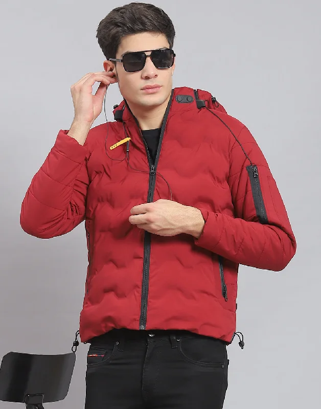men's down-filled duffel coatsMen Maroon Solid Hooded Full Sleeve Jacket
